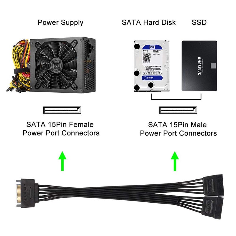 J&D 15 Pin SATA Power Y Splitter Cable (2 Pack), Male to Female, 8 inch - Image 2